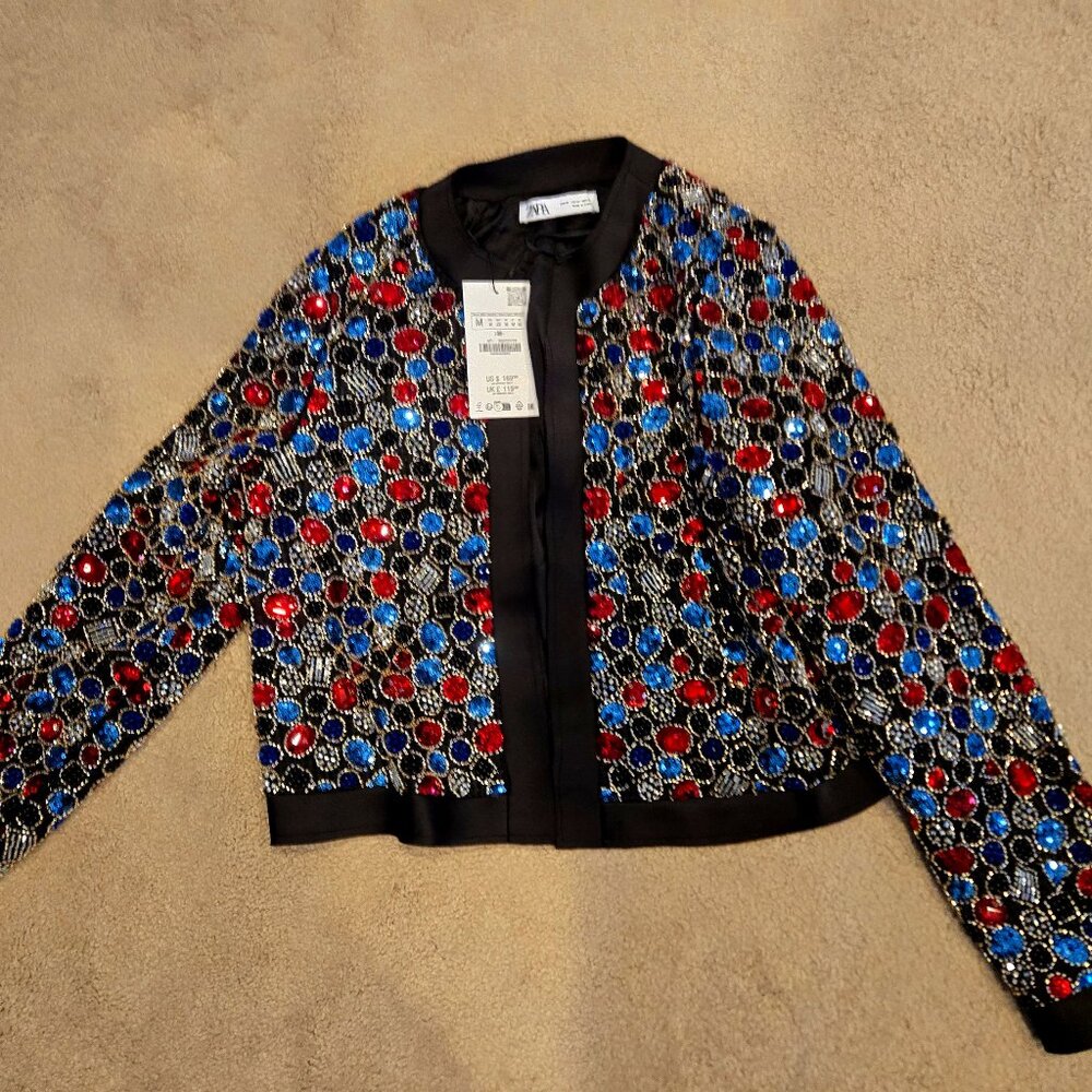 Zara NWT Red Blue Jeweled Embellished Crystal Jacket L